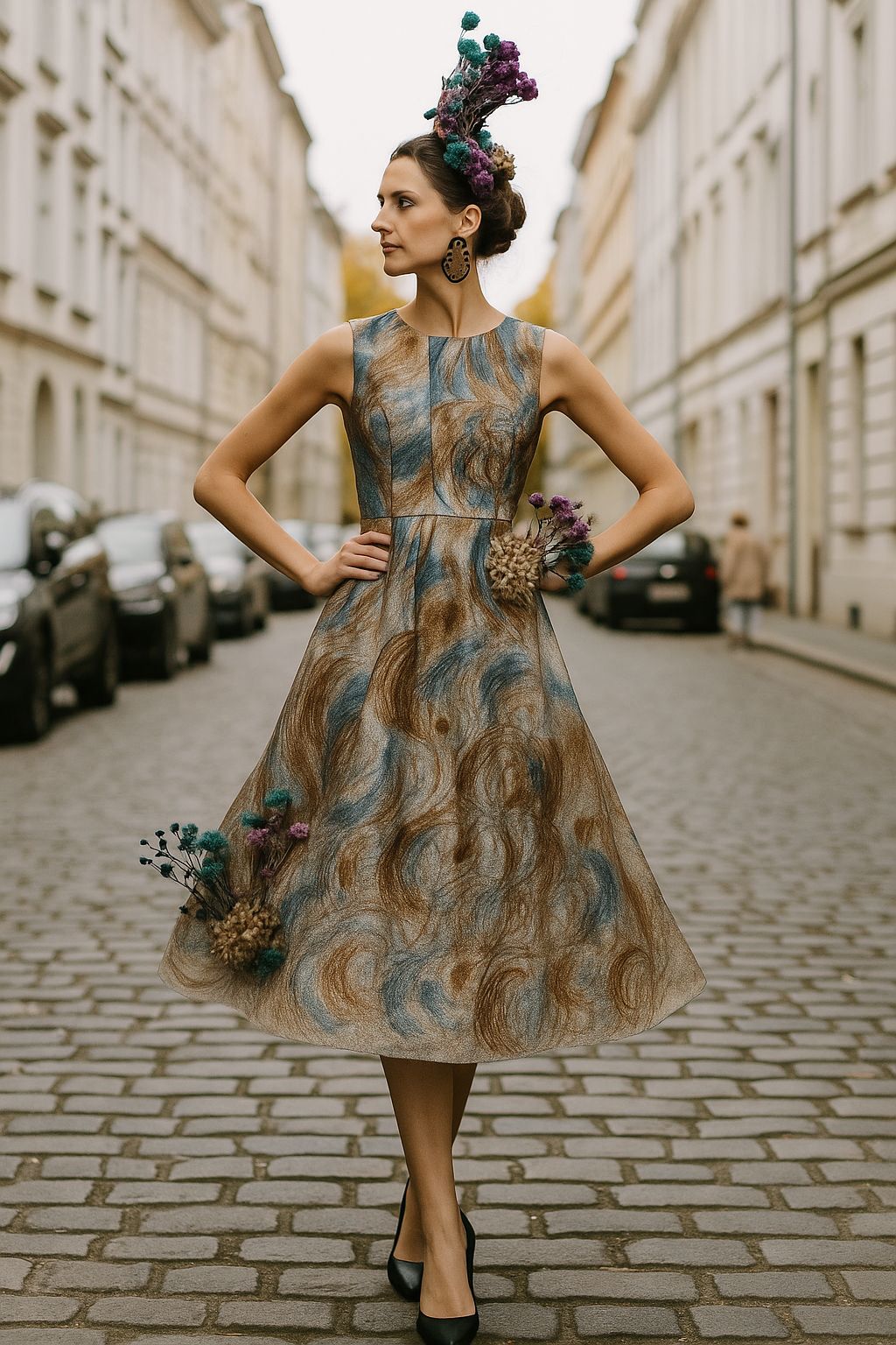 Bespoke silk dress in blue and brown hues